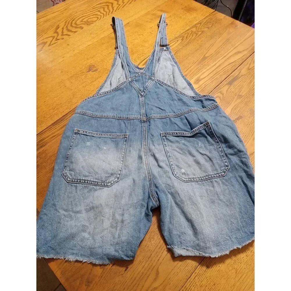 ZARA OVERALLS Jeans Womens Shortalls MEDIUM Preowned Denim Distressed Holes - Picture 7 of 9